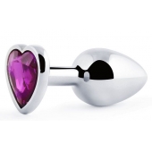 Серебристая анальная пробка с фиолетовым кристаллом-сердечком - 8 см. - Anal Jewelry Plug - купить с доставкой в Ачинске