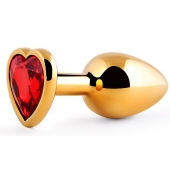 Золотистая анальная пробка с красным стразом-сердечком - 8 см. - Anal Jewelry Plug - купить с доставкой в Ачинске