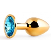Золотистая анальная пробка с голубым стразом - 7,2 см. - Anal Jewelry Plug - купить с доставкой в Ачинске