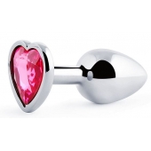 Серебристая анальная пробка с розовым кристаллом-сердечком - 7 см. - Anal Jewelry Plug - купить с доставкой в Ачинске