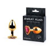 Золотистая анальная пробка с малиновым кристаллом-сердечком - 7 см. - Anal Jewelry Plug - купить с доставкой в Ачинске