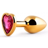 Золотистая анальная пробка с малиновым кристаллом-сердечком - 7 см. - Anal Jewelry Plug - купить с доставкой в Ачинске