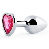 Серебристая анальная пробка с малиновым кристаллом-сердечком - 7 см. - Anal Jewelry Plug - купить с доставкой в Ачинске