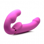 Розовый безремневой страпон с вибрацией и функцией расширения Inflatable Ergo-Fit Strapless Strap-On - XR Brands - купить с доставкой в Ачинске