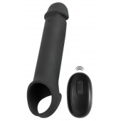 Черная вибронасадка для пениса с хомутом для мошонки и пультом ДУ Remote Controlled Penis Extension - Orion - в Ачинске купить с доставкой