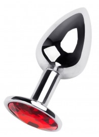 Маленькая коническая серебристая анальная пробка с красным кристаллом - 7 см. - ToyFa - купить с доставкой в Ачинске