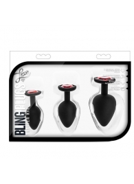 Набор черных анальных пробок с красным кристаллом-сердечком Bling Plugs Training Kit - Blush Novelties - купить с доставкой в Ачинске