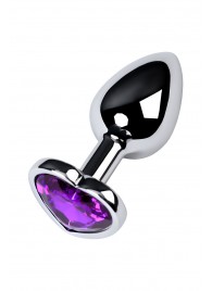 Серебристая коническая анальная пробка с фиолетовым кристаллом-сердечком - 7 см. - ToyFa - купить с доставкой в Ачинске