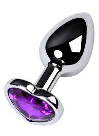 Серебристая коническая анальная пробка с фиолетовым кристаллом-сердечком - 7 см. - ToyFa - купить с доставкой в Ачинске