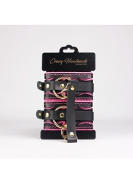 Черные кожаные оковы с розовой строчкой - Crazy Handmade - купить с доставкой в Ачинске