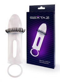 Закрытая насадка на пенис с подхватом мошонки и стимулирующими «ресничками» - Sextaz - в Ачинске купить с доставкой