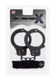 Чёрные наручники из листового металла в комплекте с веревкой BONDX METAL CUFFS LOVE ROPE SET - Dream Toys - купить с доставкой в Ачинске
