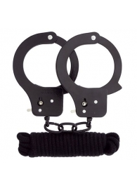 Чёрные наручники из листового металла в комплекте с веревкой BONDX METAL CUFFS LOVE ROPE SET - Dream Toys - купить с доставкой в Ачинске
