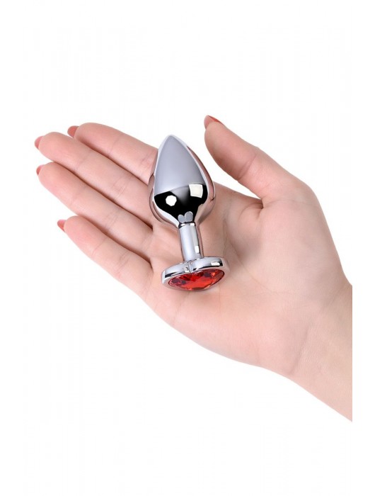 Серебристая коническая анальная пробка с красным кристаллом-сердечком - 7 см. - ToyFa - купить с доставкой в Ачинске