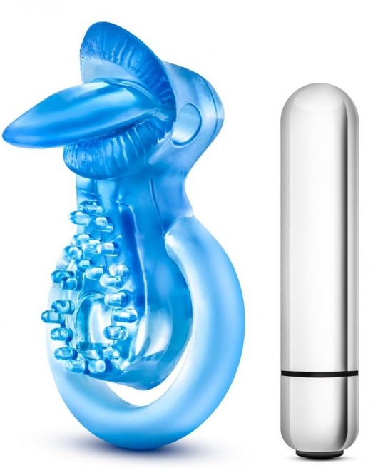 Голубое эрекционное виброкольцо 10 Function Vibrating Tongue Ring - Blush Novelties - в Ачинске купить с доставкой