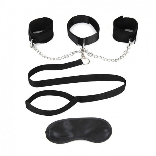 Чёрный ошейник с наручниками и поводком Collar Cuffs   Leash Set - Lux Fetish - купить с доставкой в Ачинске