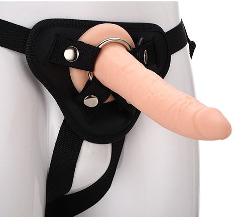Телесный страпон на черных трусиках STRAP ON REAL DILDO - 20 см. - Dream Toys - купить с доставкой в Ачинске