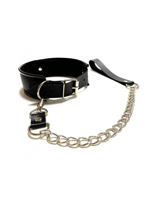 Черный ошейник с поводком из эко-кожи - БДСМ Арсенал - купить с доставкой в Ачинске