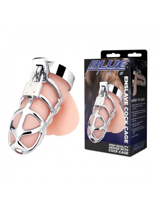 Серебристая металлическая клетка для члена с замком Enslave Cock Cage - BlueLine - купить с доставкой в Ачинске