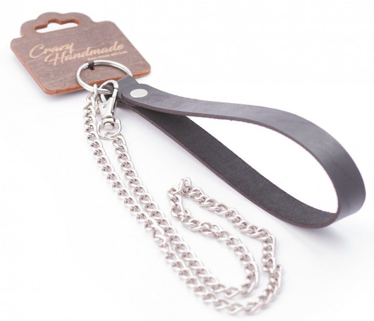 Серебристый металлический поводок с кожаной черной ручкой - 80 см. - Crazy Handmade - купить с доставкой в Ачинске