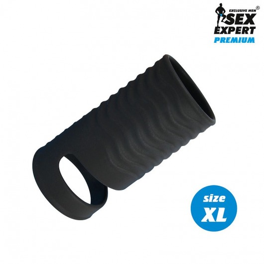 Черная открытая насадка на пенис с кольцом для мошонки XL-size - 8,9 см. - Sex Expert - в Ачинске купить с доставкой