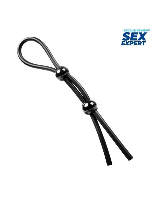 Черное силиконовое лассо с двумя шариками для утяжки - Sex Expert - в Ачинске купить с доставкой