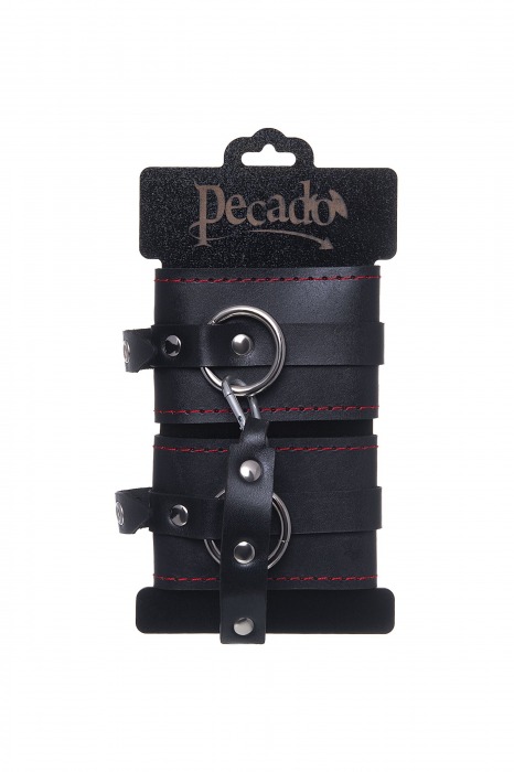 Черные кожаные однослойные оковы с контрастной строчкой - Pecado - купить с доставкой в Ачинске
