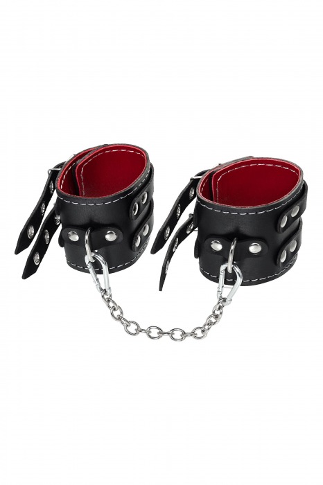 Черные кожаные оковы с двумя ремнями и красной подкладкой - Pecado - купить с доставкой в Ачинске