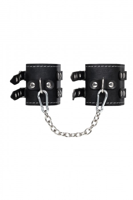 Черные кожаные оковы с двумя ремнями и красной подкладкой - Pecado - купить с доставкой в Ачинске