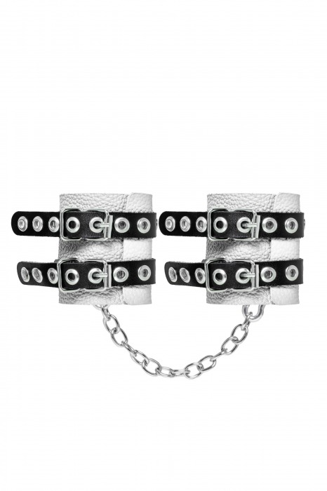 Бело-черные наручники с двумя ремешками и люверсами - Pecado - купить с доставкой в Ачинске
