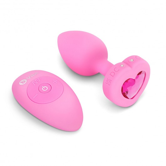 Розовый анальный плаг с кристаллом-сердцем Vibrating Heart Shape Jewel Plug S-M - b-Vibe