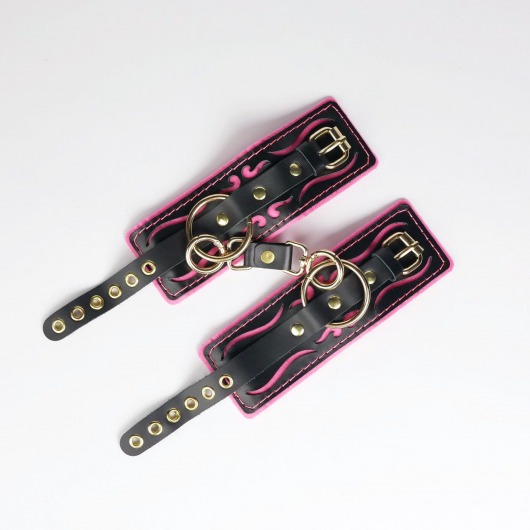 Черные кожаные наручники с розовой строчкой - Crazy Handmade - купить с доставкой в Ачинске