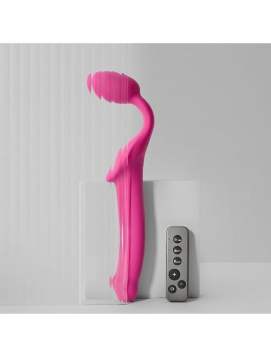 Ярко-розовый безремневой страпон Strap-on-me Vibrating Bendable Strap-On size L - Strap-on-me - купить с доставкой в Ачинске