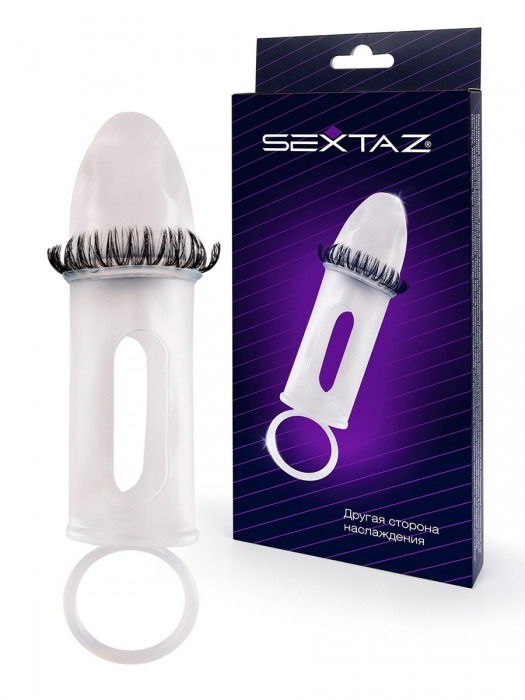 Закрытая насадка на пенис с подхватом мошонки и стимулирующими «ресничками» - Sextaz - в Ачинске купить с доставкой