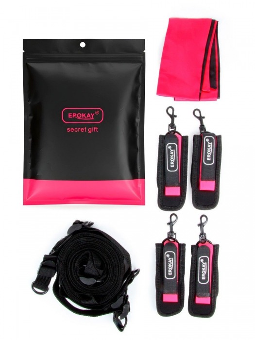 Черно-розовый эротический набор: фиксатор, оковы, наручники, повязка - Erokay - купить с доставкой в Ачинске